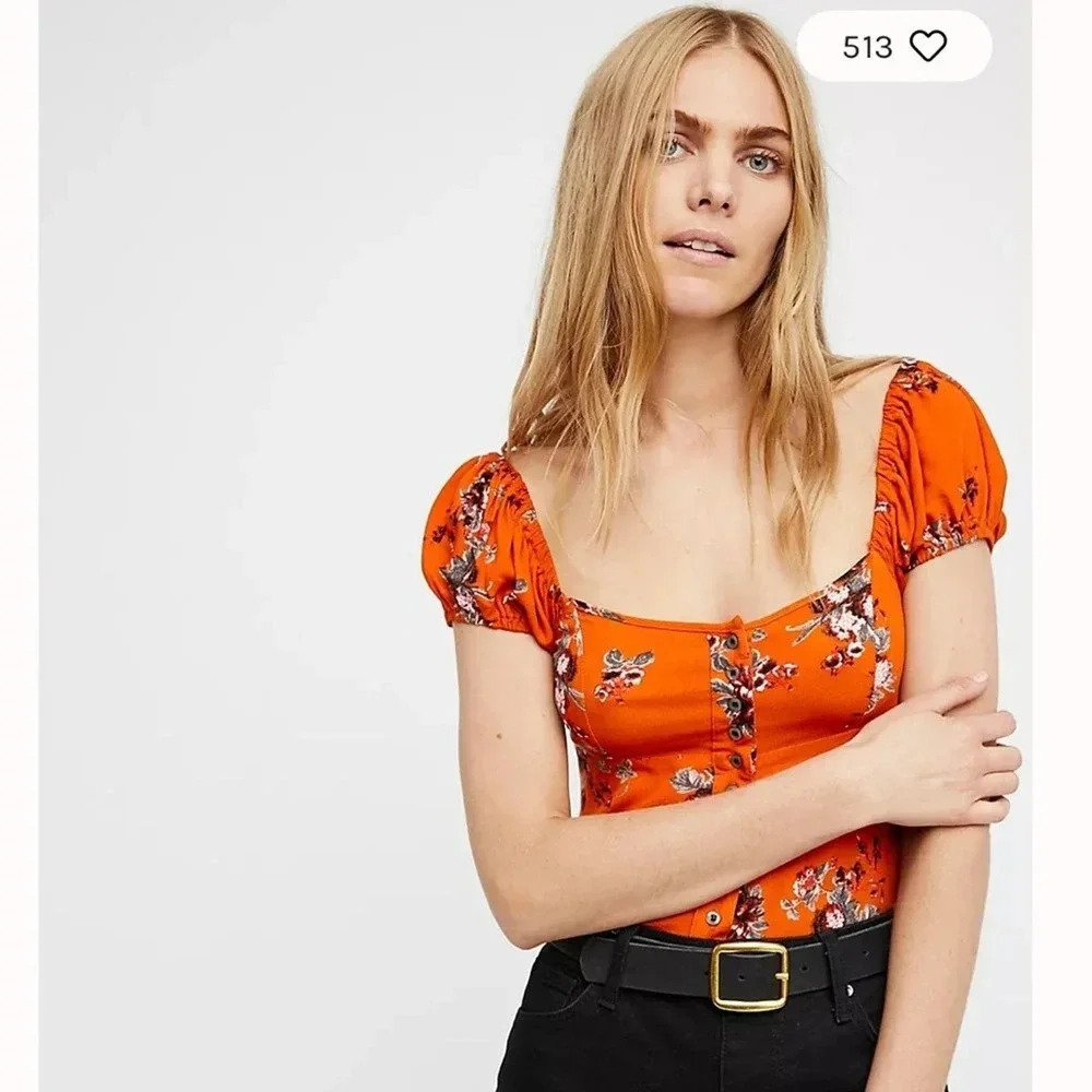 Free People Close to You Floral Burnt Orange Blouse Size Small
